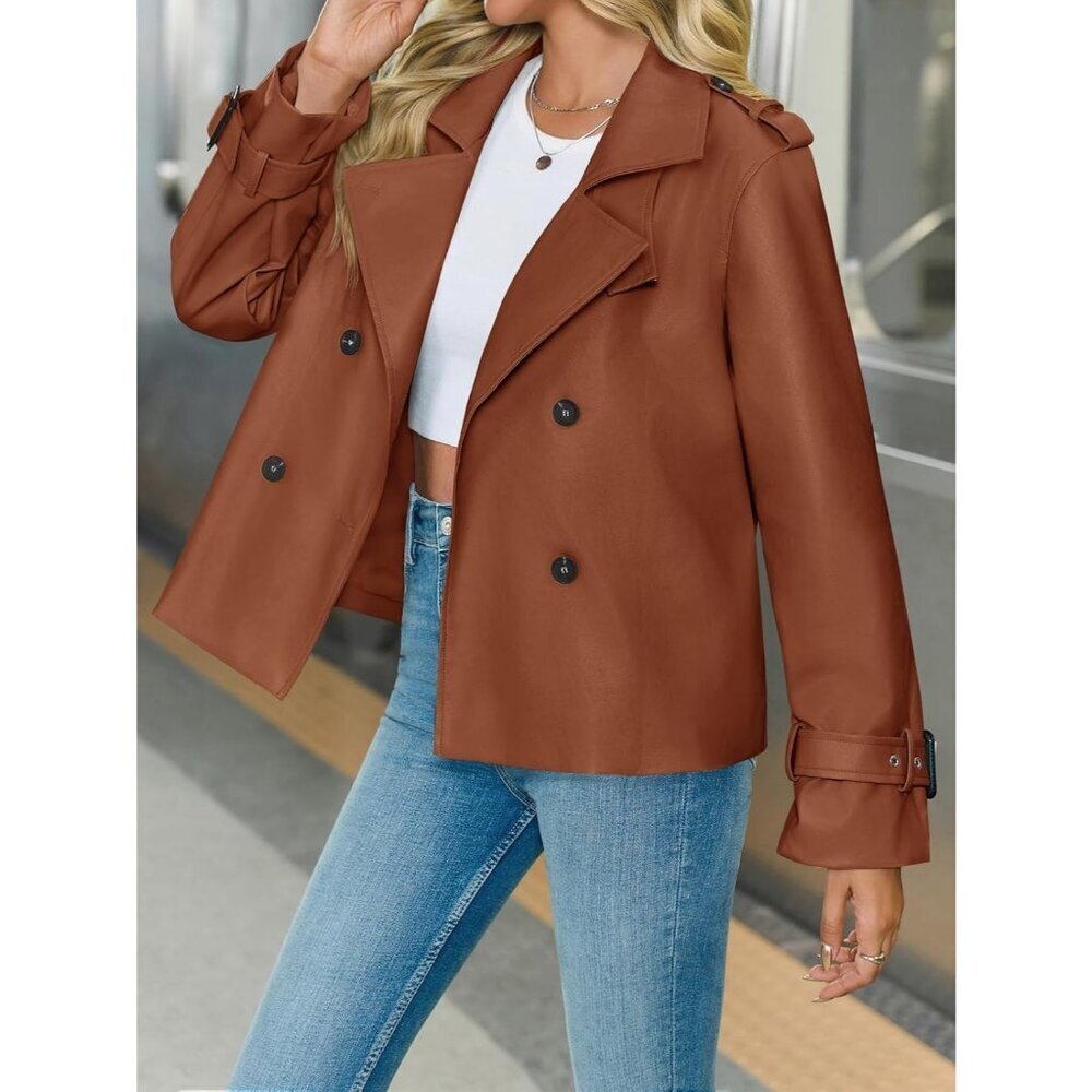 "Womens brick red Textured Faux Leather Oversized  Jacket Fall Outer - Picture 3 of 6